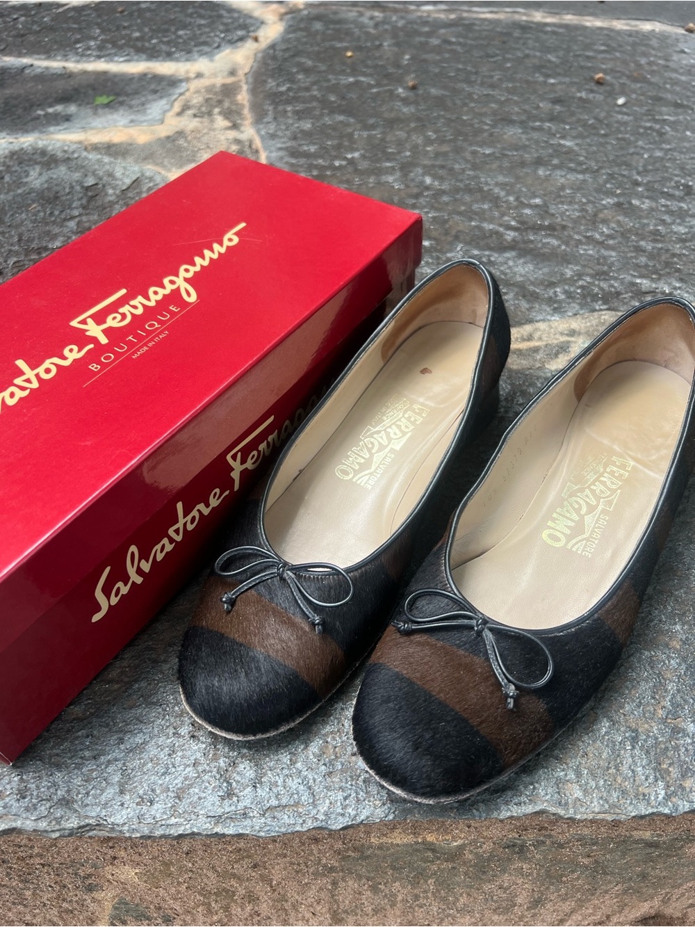 Salvatore Ferragamo Black & Brown Calf Hair Ballet Flats